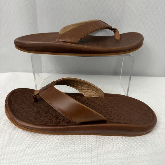 OluKai Sandals Mens Size 12 Ilikai Flip Flop Toffee Brown Leather Slip On Beach main image 6